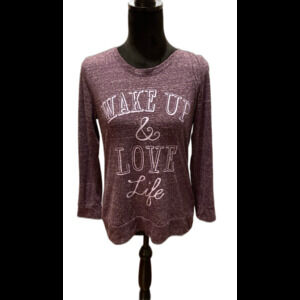 Style & Co Sport Women’s T Shirt Size Small Purple‎ “Wake Up & Love Life”
